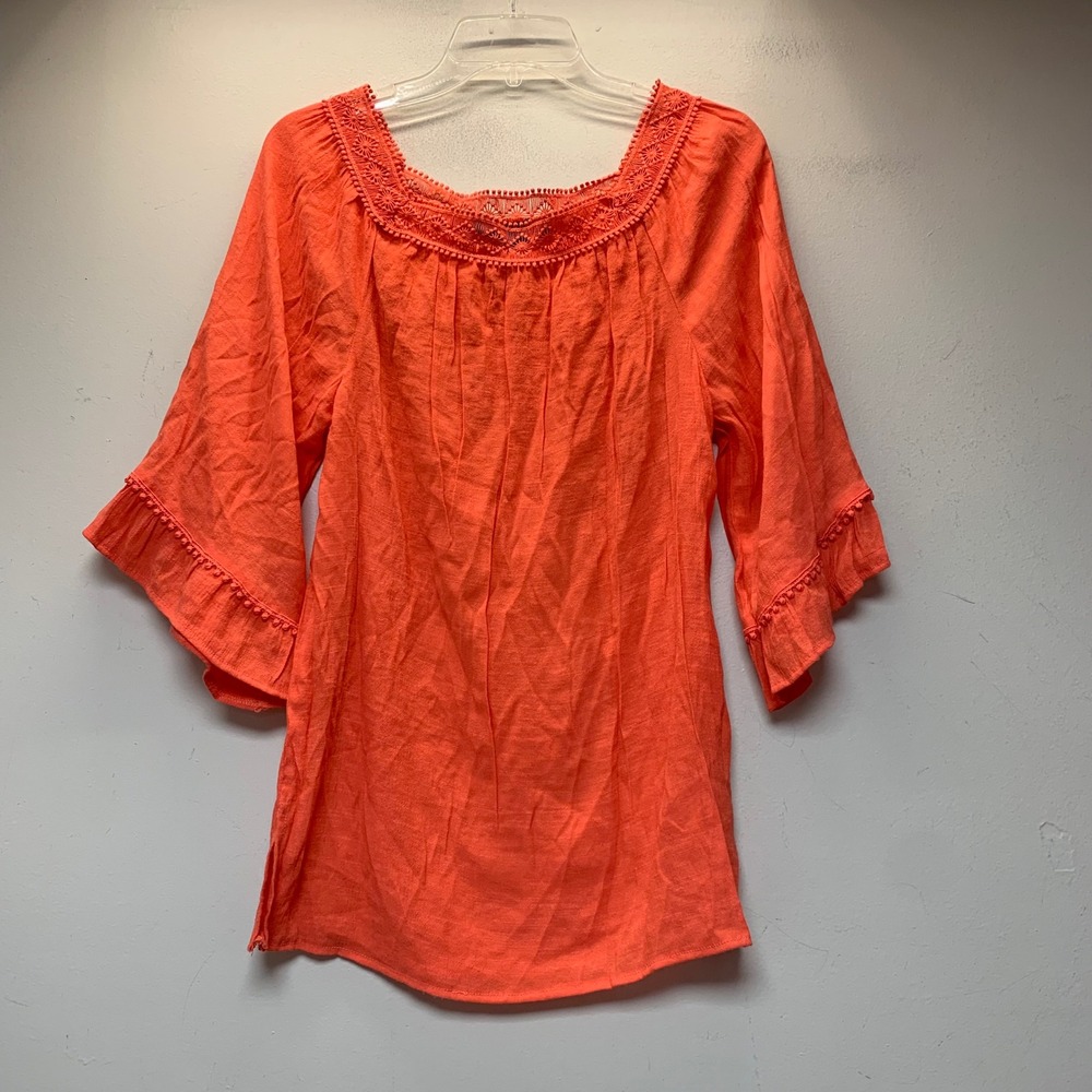 Savage Art Blouse Womens Medium Coral Excellent Crochet Lace Bell Sleeve Boho